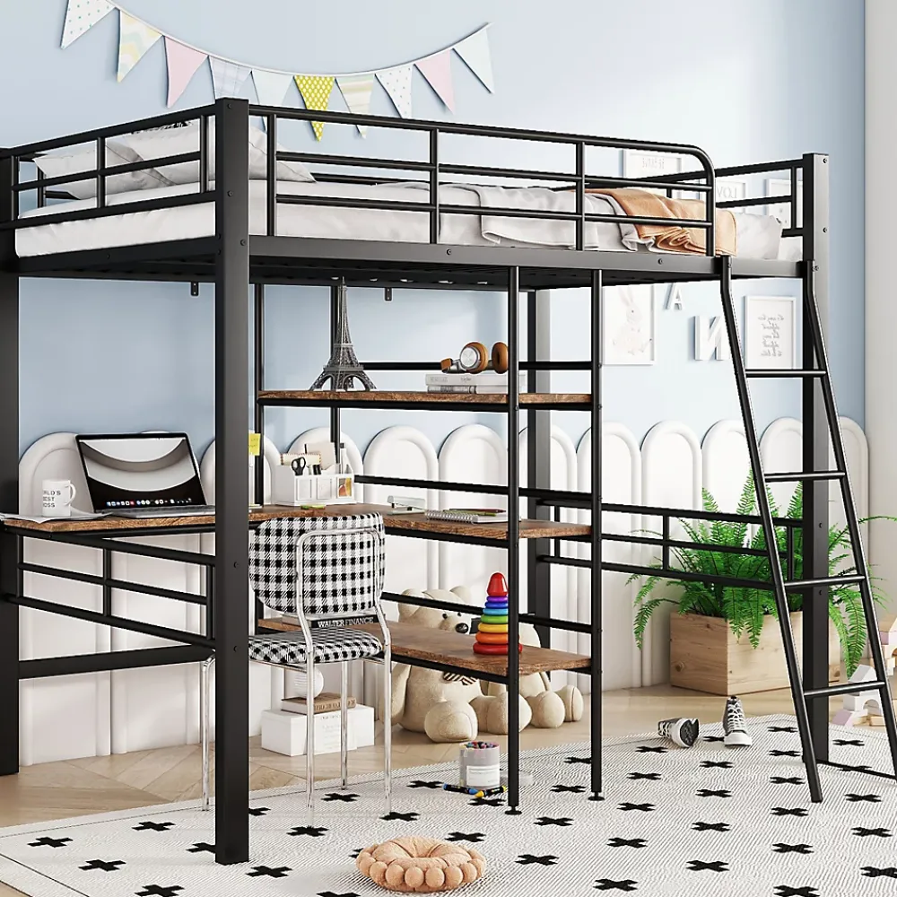Okwish Lit Mezzanine 90x200 cm - Lit Simple avec Bureau en L, Garde-Corps et Échelle, Sans Matelas - Métal Noir* Lit Mezzanine