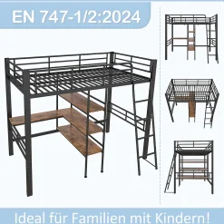 Okwish Lit Mezzanine 90x200 cm - Lit Simple avec Bureau en L, Garde-Corps et Échelle, Sans Matelas - Métal Noir* Lit Mezzanine