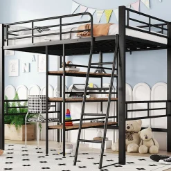 Okwish Lit Mezzanine 90x200 cm - Lit Simple avec Bureau en L, Garde-Corps et Échelle, Sans Matelas - Métal Noir* Lit Mezzanine