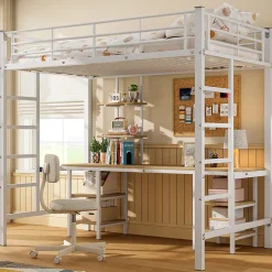 Okwish Lit Mezzanine 90x200 cm - Lit Simple avec Bureau et Étagères de Rangement, Structure Métal Solide, Auto-Installation - Blanc* Lit Mezzanine