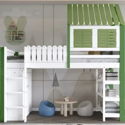 Lit Mezzanine 90x200 cm - Lit Simple avec Protection et Étagère de Rangement, Bois Pin et MDF, Sans Matelas, Blanc et Vert>Okwish Discount