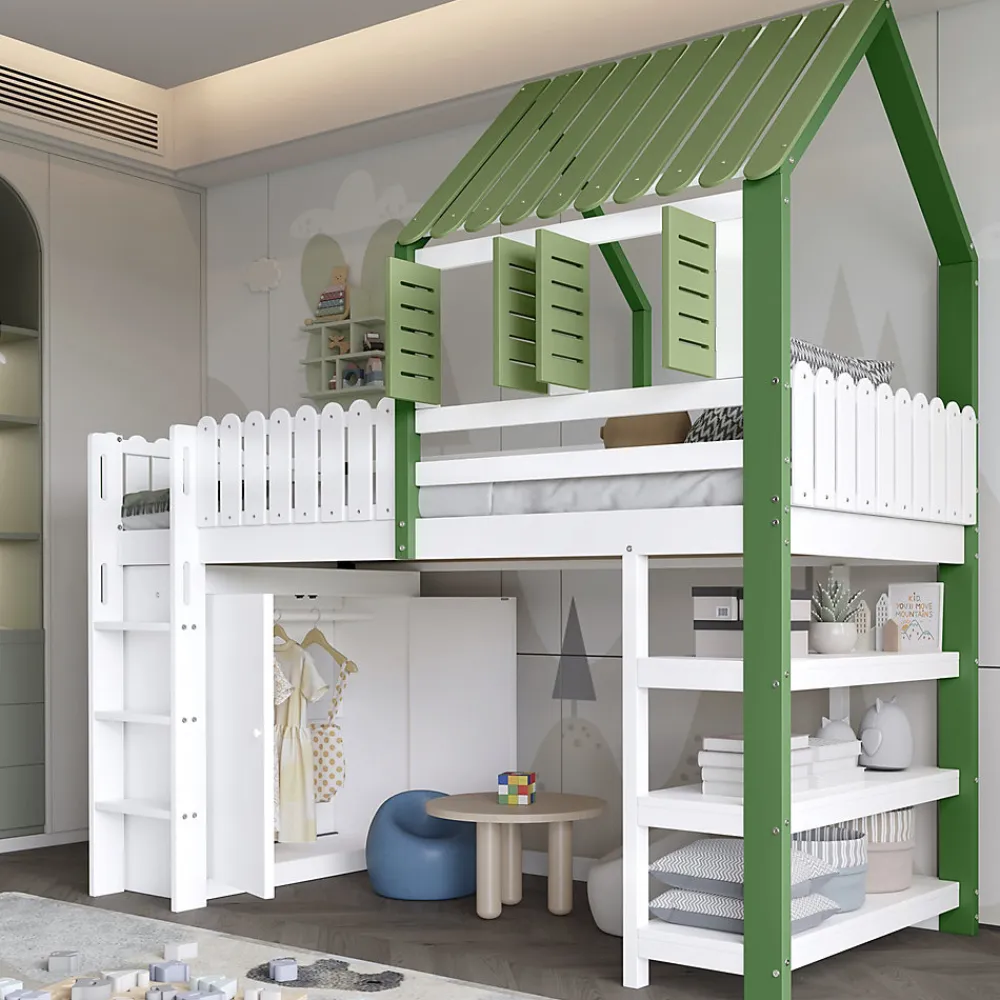 Lit Mezzanine 90x200 cm - Lit Simple avec Protection et Étagère de Rangement, Bois Pin et MDF, Sans Matelas, Blanc et Vert>Okwish Discount