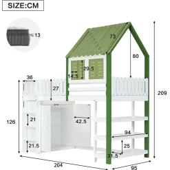 Lit Mezzanine 90x200 cm - Lit Simple avec Protection et Étagère de Rangement, Bois Pin et MDF, Sans Matelas, Blanc et Vert><noscript><img width=