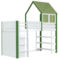 Lit Mezzanine 90x200 cm - Lit Simple avec Protection et Étagère de Rangement, Bois Pin et MDF, Sans Matelas, Blanc et Vert><noscript><img width=