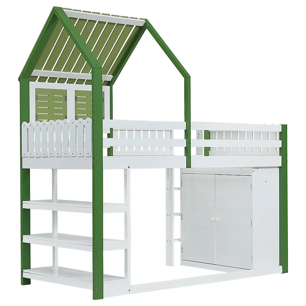 Lit Mezzanine 90x200 cm - Lit Simple avec Protection et Étagère de Rangement, Bois Pin et MDF, Sans Matelas, Blanc et Vert>Okwish Discount