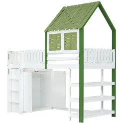 Lit Mezzanine 90x200 cm - Lit Simple avec Protection et Étagère de Rangement, Bois Pin et MDF, Sans Matelas, Blanc et Vert><noscript><img width=