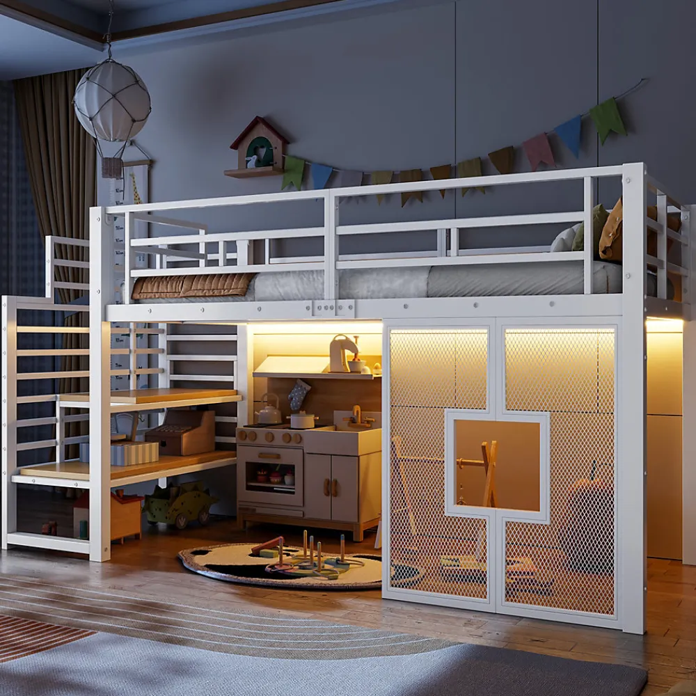 Lit Mezzanine 90x200 cm - Lit Simple avec Escalier de Rangement et LED Intégrée, sans Matelas - Métal Blanc>Okwish Clearance