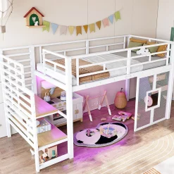 Lit Mezzanine 90x200 cm - Lit Simple avec Escalier de Rangement et LED Intégrée, sans Matelas - Métal Blanc>Okwish Clearance