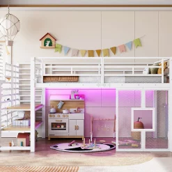 Lit Mezzanine 90x200 cm - Lit Simple avec Escalier de Rangement et LED Intégrée, sans Matelas - Métal Blanc><noscript><img width=