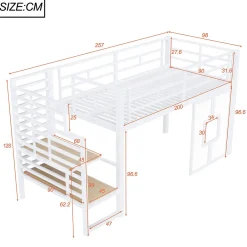 Lit Mezzanine 90x200 cm - Lit Simple avec Escalier de Rangement et LED Intégrée, sans Matelas - Métal Blanc><noscript><img width=