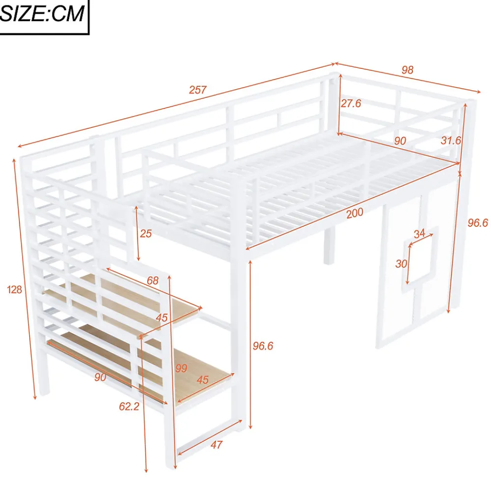 Lit Mezzanine 90x200 cm - Lit Simple avec Escalier de Rangement et LED Intégrée, sans Matelas - Métal Blanc>Okwish Clearance