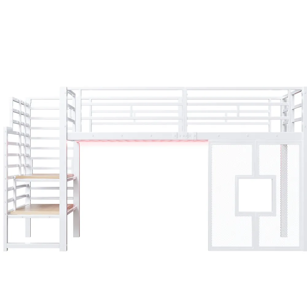 Lit Mezzanine 90x200 cm - Lit Simple avec Escalier de Rangement et LED Intégrée, sans Matelas - Métal Blanc>Okwish Clearance