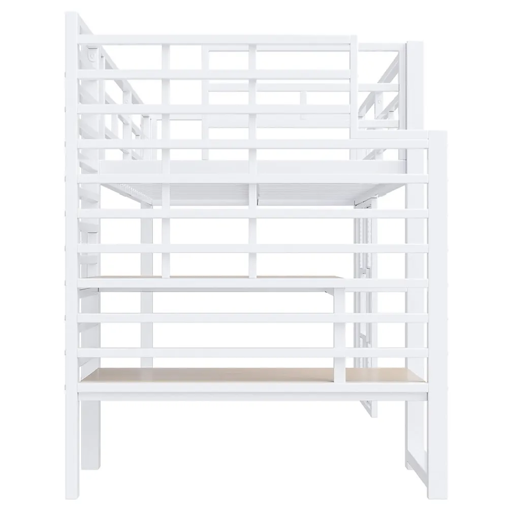 Lit Mezzanine 90x200 cm - Lit Simple avec Escalier de Rangement et LED Intégrée, sans Matelas - Métal Blanc>Okwish Clearance