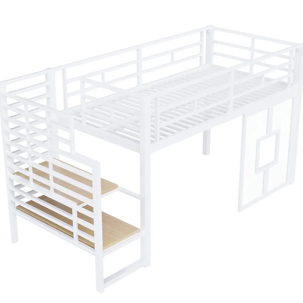 Lit Mezzanine 90x200 cm - Lit Simple avec Escalier de Rangement et LED Intégrée, sans Matelas - Métal Blanc>Okwish Clearance