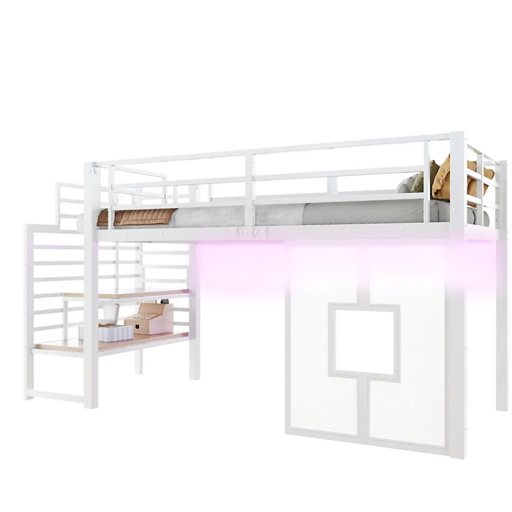 Lit Mezzanine 90x200 cm - Lit Simple avec Escalier de Rangement et LED Intégrée, sans Matelas - Métal Blanc>Okwish Clearance