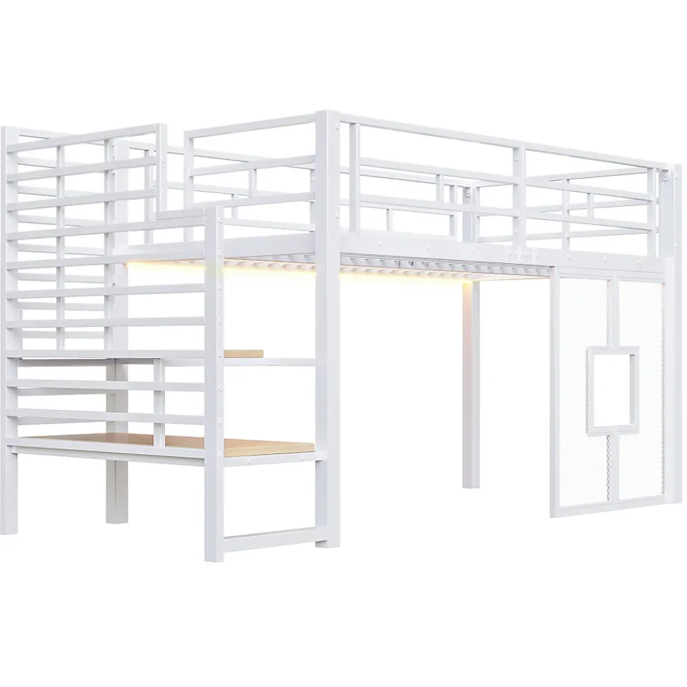 Lit Mezzanine 90x200 cm - Lit Simple avec Escalier de Rangement et LED Intégrée, sans Matelas - Métal Blanc>Okwish Clearance