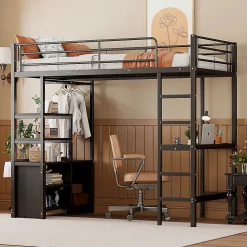 Lit Mezzanine 90x200 cm - Lit Surélevé Ado en Métal avec Bureau, Prise USB et Rangements Ouverts - Sans Matelas - Noir><noscript><img width=