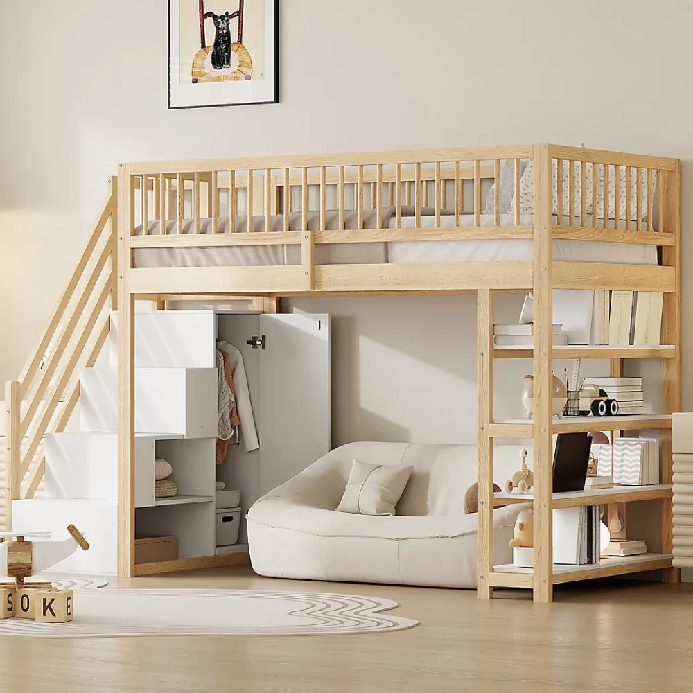Okwish Lit Mezzanine 90x200 cm - Lit Simple avec Escalier Sécurisé, Armoire et Étagères de Rangement, Sans Matelas - Naturel* Lit Mezzanine