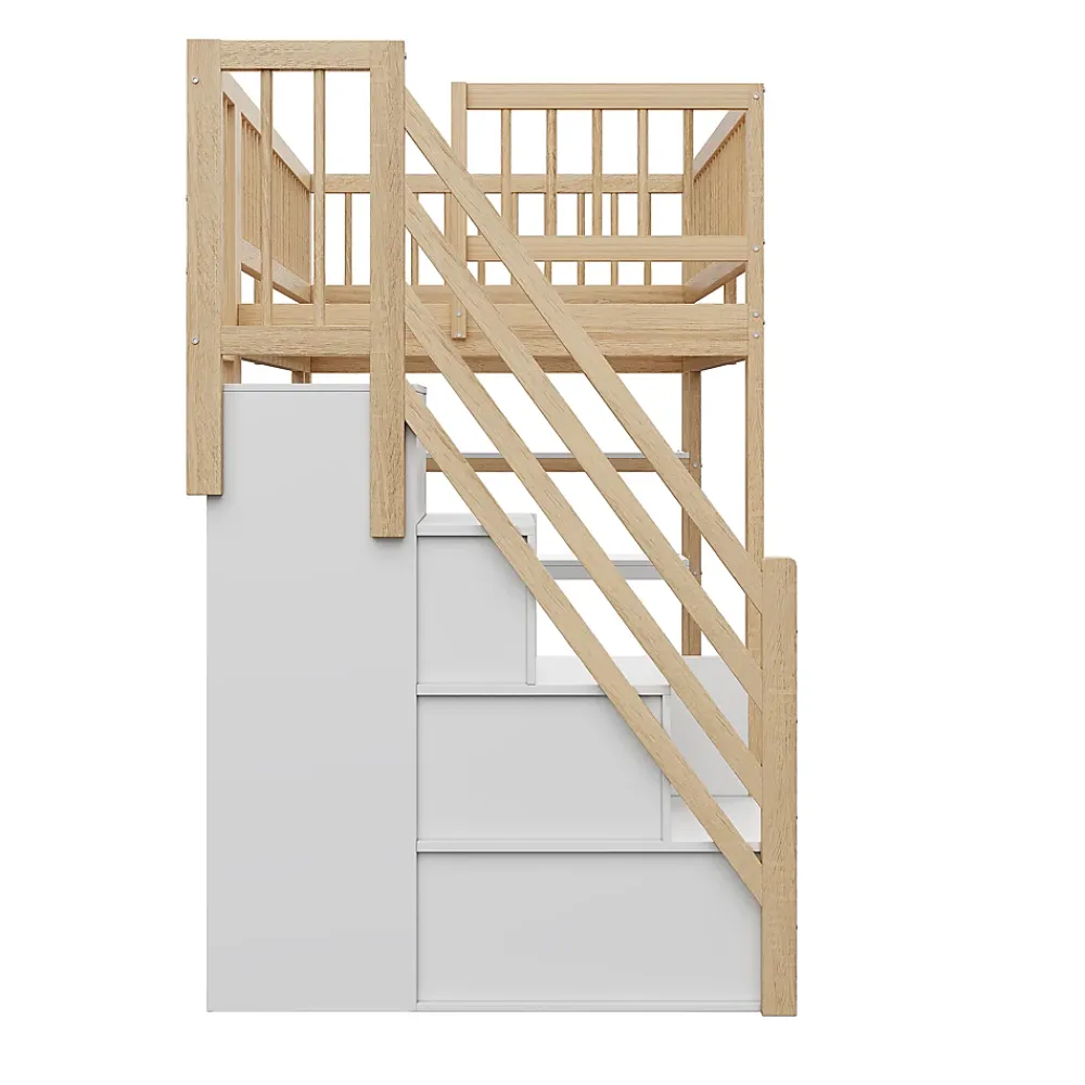 Okwish Lit Mezzanine 90x200 cm - Lit Simple avec Escalier Sécurisé, Armoire et Étagères de Rangement, Sans Matelas - Naturel* Lit Mezzanine