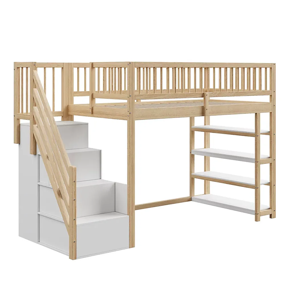 Okwish Lit Mezzanine 90x200 cm - Lit Simple avec Escalier Sécurisé, Armoire et Étagères de Rangement, Sans Matelas - Naturel* Lit Mezzanine