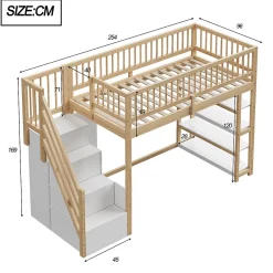 Okwish Lit Mezzanine 90x200 cm - Lit Simple avec Escalier Sécurisé, Armoire et Étagères de Rangement, Sans Matelas - Naturel* Lit Mezzanine