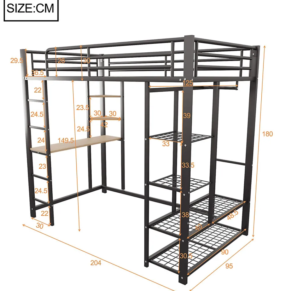 Lit mezzanine 90x200 cm - Lit simple avec étagères de rangement et échelle pratique - Table intégrée - Sans matelas - Noir>Okwish Discount