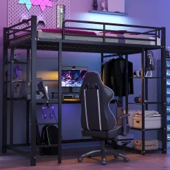 Lit mezzanine 90x200 cm - Lit simple avec étagères de rangement et échelle pratique - Table intégrée - Sans matelas - Noir><noscript><img width=