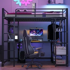 Lit mezzanine 90x200 cm - Lit simple avec étagères de rangement et échelle pratique - Table intégrée - Sans matelas - Noir><noscript><img width=