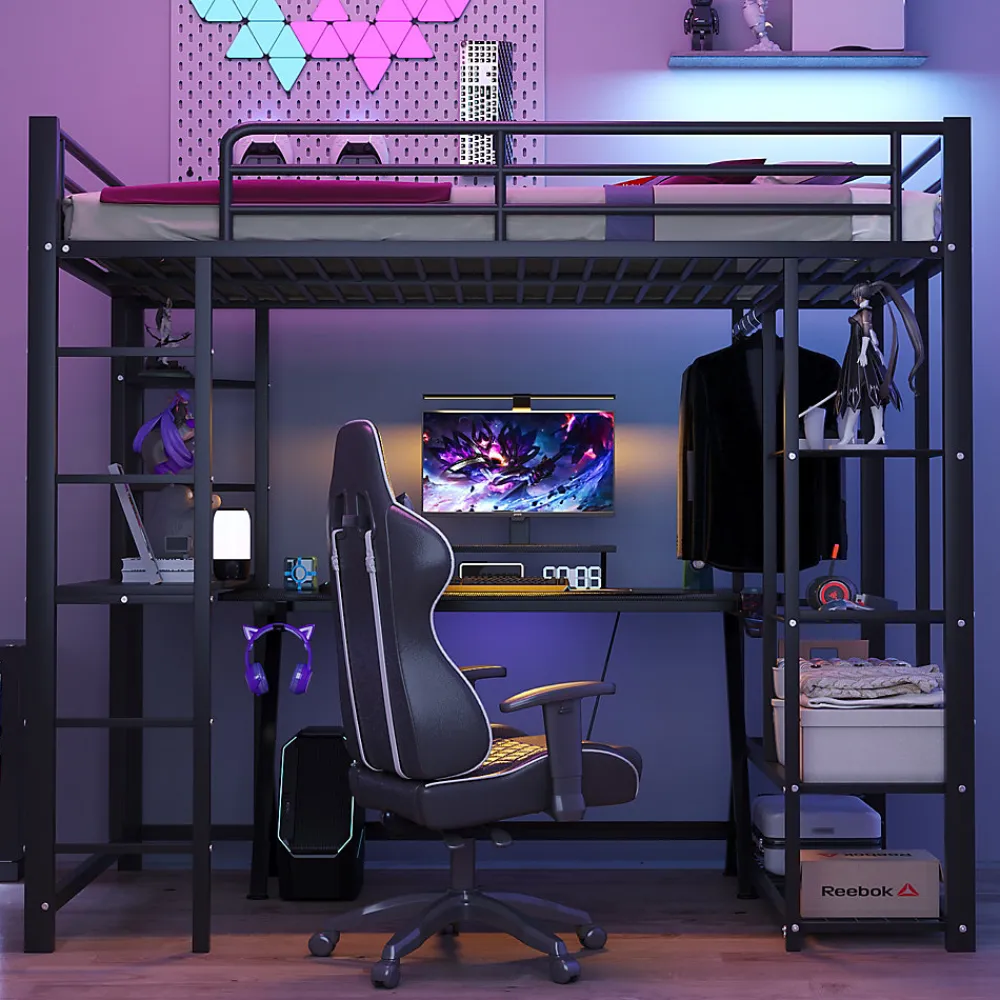 Lit mezzanine 90x200 cm - Lit simple avec étagères de rangement et échelle pratique - Table intégrée - Sans matelas - Noir>Okwish Discount