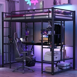 Lit mezzanine 90x200 cm - Lit simple avec étagères de rangement et échelle pratique - Table intégrée - Sans matelas - Noir><noscript><img width=