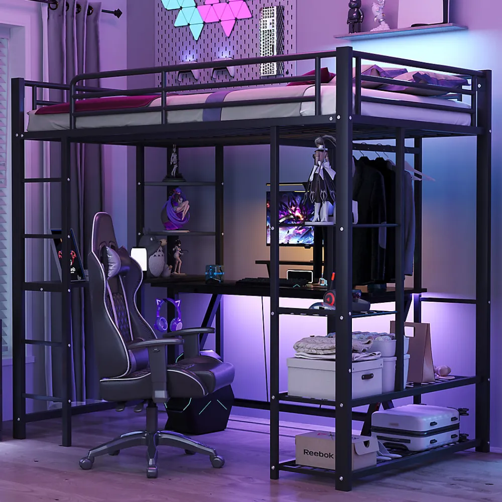 Lit mezzanine 90x200 cm - Lit simple avec étagères de rangement et échelle pratique - Table intégrée - Sans matelas - Noir>Okwish Discount