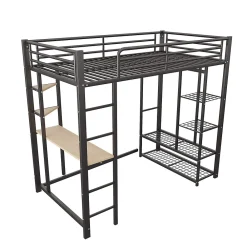 Lit mezzanine 90x200 cm - Lit simple avec étagères de rangement et échelle pratique - Table intégrée - Sans matelas - Noir><noscript><img width=
