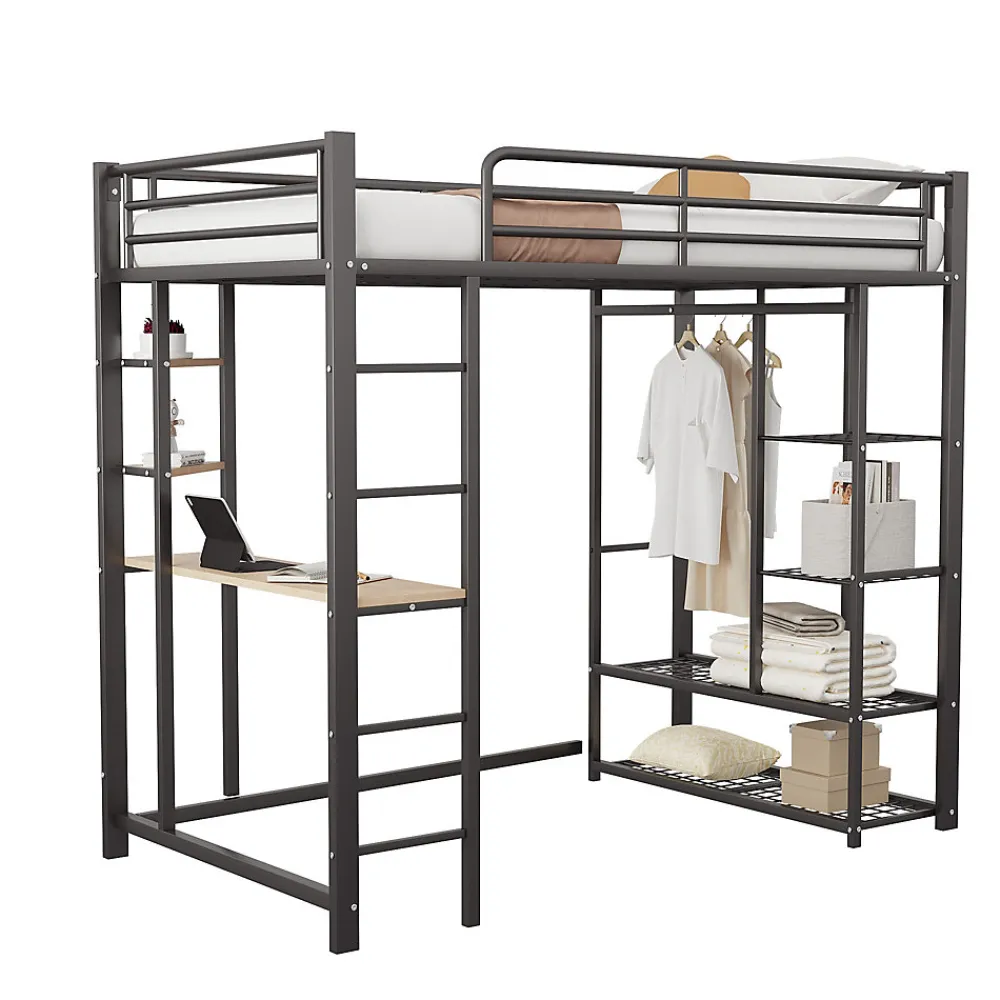 Lit mezzanine 90x200 cm - Lit simple avec étagères de rangement et échelle pratique - Table intégrée - Sans matelas - Noir>Okwish Discount