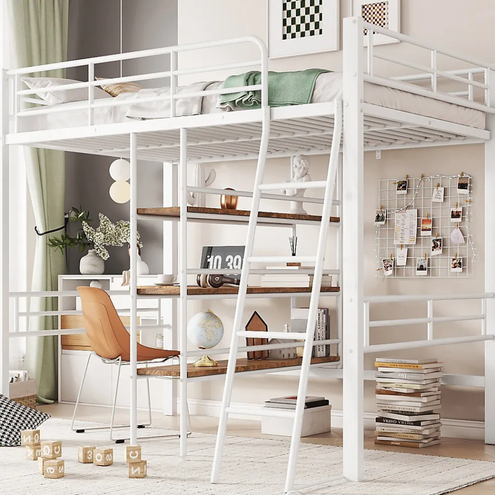Lit Mezzanine 90x200 cm - Lit Simple avec Bureau en L, Échelle et Garde-Corps, Sans Matelas - Métal, Blanc>Okwish Clearance