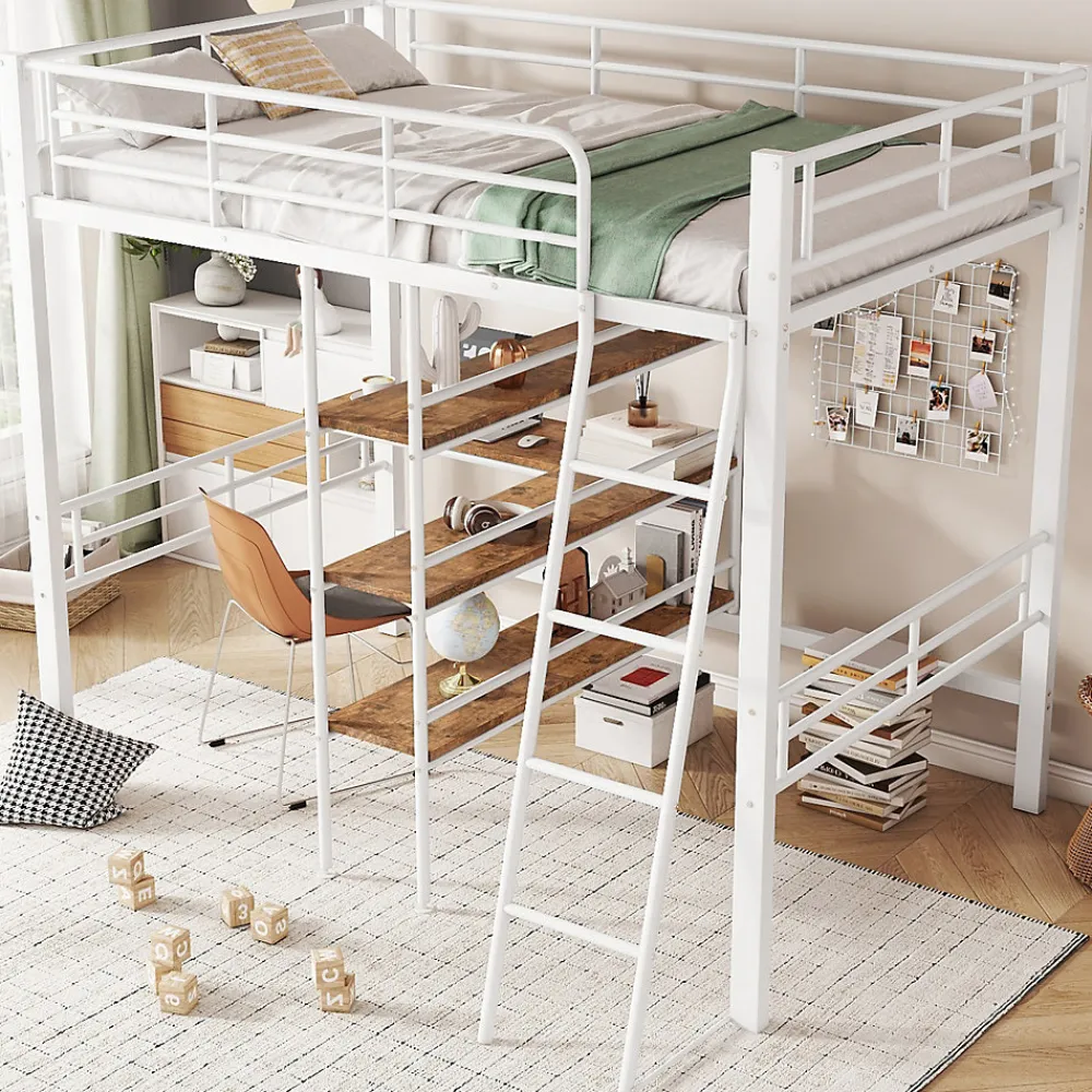 Lit Mezzanine 90x200 cm - Lit Simple avec Bureau en L, Échelle et Garde-Corps, Sans Matelas - Métal, Blanc>Okwish Clearance