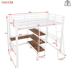Lit Mezzanine 90x200 cm - Lit Simple avec Bureau en L, Échelle et Garde-Corps, Sans Matelas - Métal, Blanc><noscript><img width=
