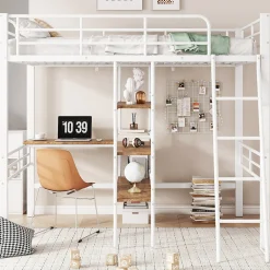 Lit Mezzanine 90x200 cm - Lit Simple avec Bureau en L, Échelle et Garde-Corps, Sans Matelas - Métal, Blanc><noscript><img width=