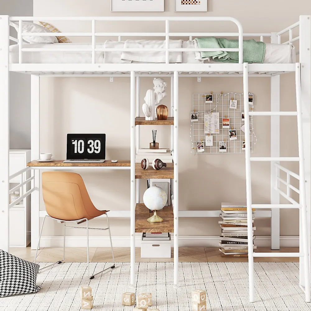 Lit Mezzanine 90x200 cm - Lit Simple avec Bureau en L, Échelle et Garde-Corps, Sans Matelas - Métal, Blanc>Okwish Clearance