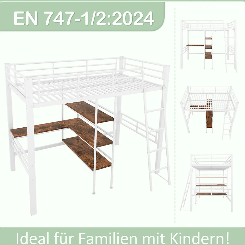 Lit Mezzanine 90x200 cm - Lit Simple avec Bureau en L, Échelle et Garde-Corps, Sans Matelas - Métal, Blanc>Okwish Clearance
