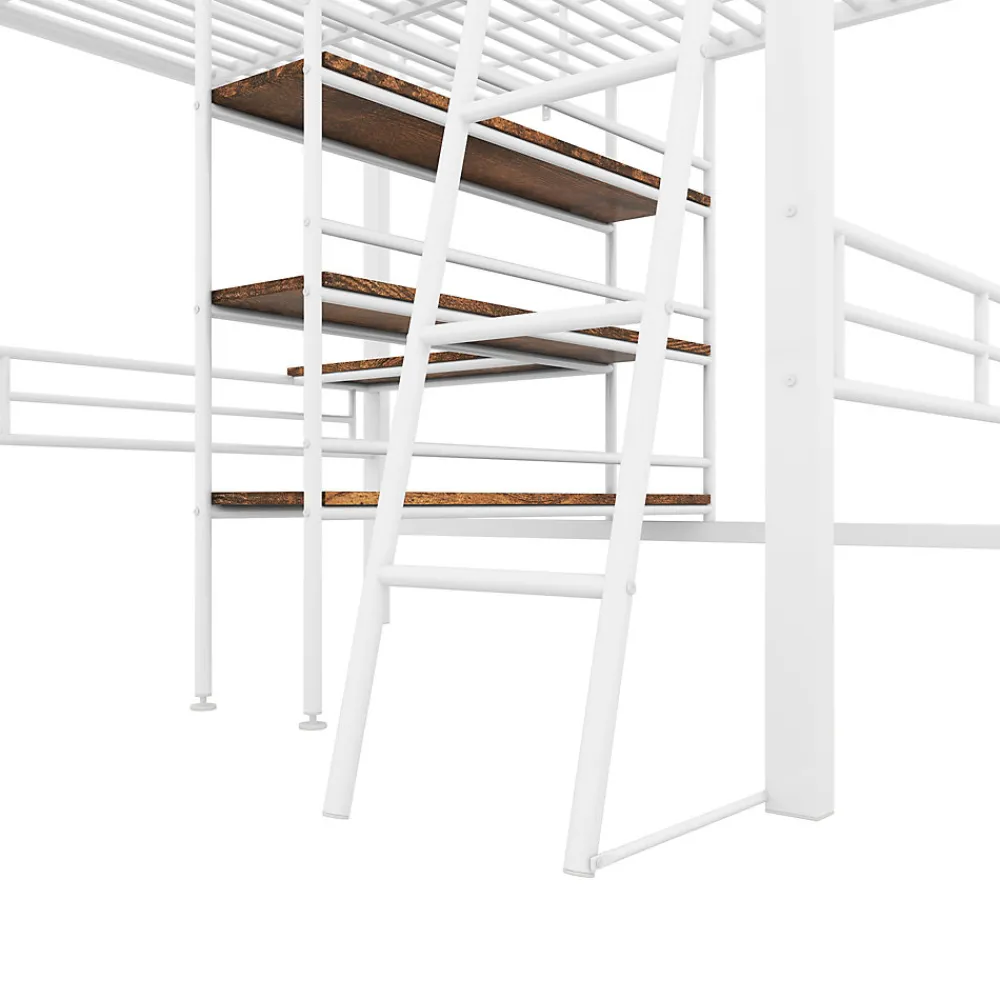 Lit Mezzanine 90x200 cm - Lit Simple avec Bureau en L, Échelle et Garde-Corps, Sans Matelas - Métal, Blanc>Okwish Clearance