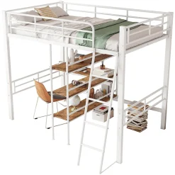 Lit Mezzanine 90x200 cm - Lit Simple avec Bureau en L, Échelle et Garde-Corps, Sans Matelas - Métal, Blanc><noscript><img width=