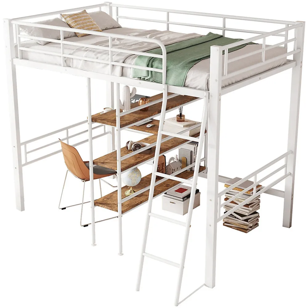 Lit Mezzanine 90x200 cm - Lit Simple avec Bureau en L, Échelle et Garde-Corps, Sans Matelas - Métal, Blanc>Okwish Clearance