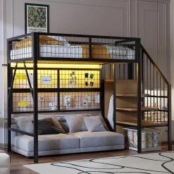 Okwish Lit mezzanine 90x200 cm - Lit simple déco avec éclairage LED et rangement sous lit - Armoire ouverte en MDF et métal - Noir* Lit Mezzanine