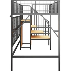Okwish Lit mezzanine 90x200 cm - Lit simple déco avec éclairage LED et rangement sous lit - Armoire ouverte en MDF et métal - Noir* Lit Mezzanine