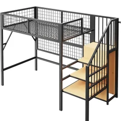 Okwish Lit mezzanine 90x200 cm - Lit simple déco avec éclairage LED et rangement sous lit - Armoire ouverte en MDF et métal - Noir* Lit Mezzanine