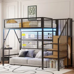 Okwish Lit mezzanine 90x200 cm - Lit simple déco avec éclairage LED et rangement sous lit - Armoire ouverte en MDF et métal - Noir* Lit Mezzanine