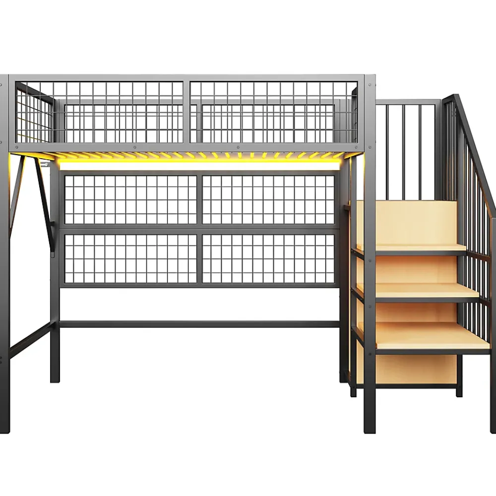 Okwish Lit mezzanine 90x200 cm - Lit simple déco avec éclairage LED et rangement sous lit - Armoire ouverte en MDF et métal - Noir* Lit Mezzanine