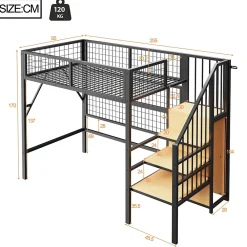 Okwish Lit mezzanine 90x200 cm - Lit simple déco avec éclairage LED et rangement sous lit - Armoire ouverte en MDF et métal - Noir* Lit Mezzanine