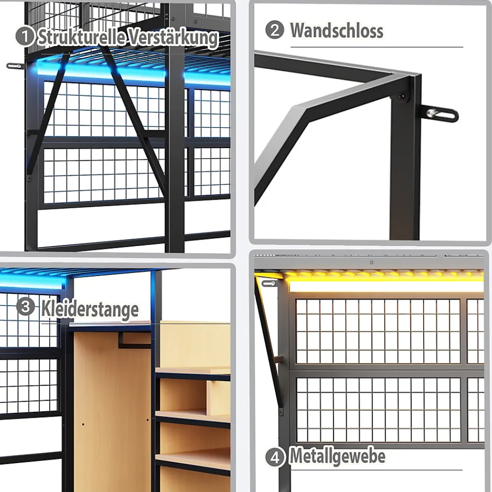 Okwish Lit mezzanine 90x200 cm - Lit simple déco avec éclairage LED et rangement sous lit - Armoire ouverte en MDF et métal - Noir* Lit Mezzanine
