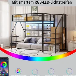 Okwish Lit mezzanine 90x200 cm - Lit simple déco avec éclairage LED et rangement sous lit - Armoire ouverte en MDF et métal - Noir* Lit Mezzanine